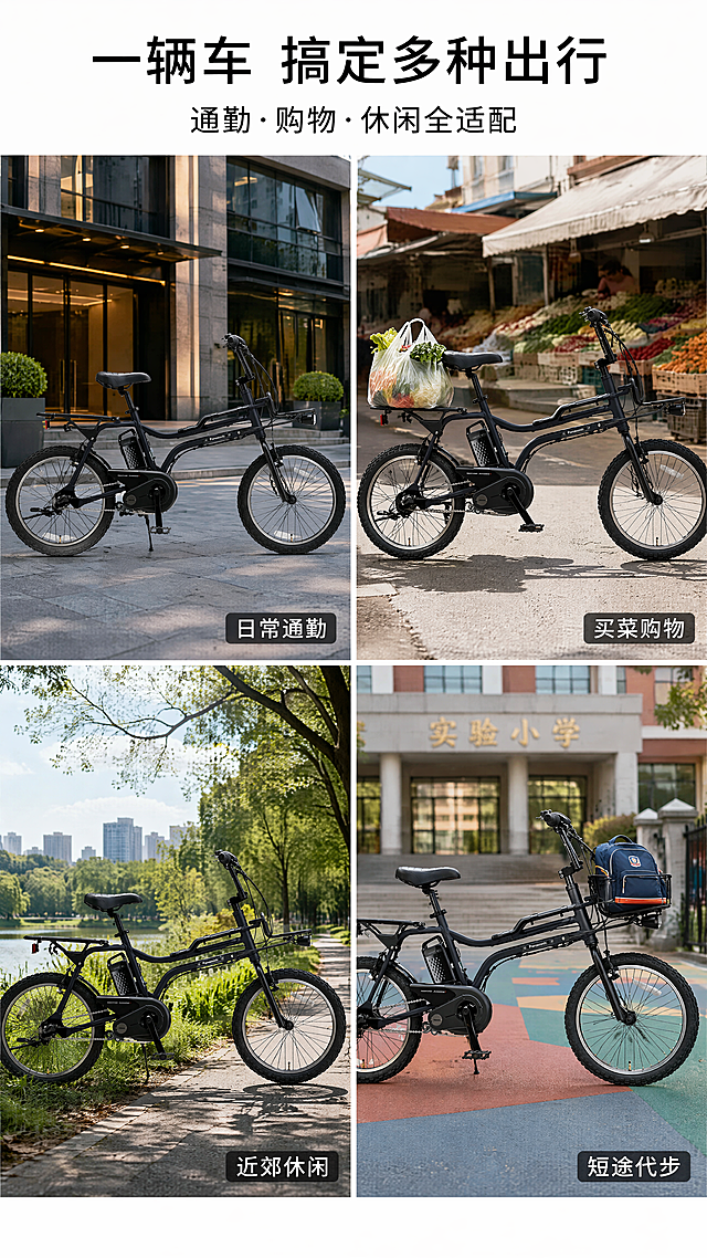 [第6张] 多场景拼图页—通勤、买菜、近郊休闲多用途展示。本张使用【图1】作为各场景中的自行车主体，保持车型外观一致。
[氛围/风格] 四宫格多场景拼贴，生活气息浓，真实场景摄影质感。
[元素布局] 画面为2×2四宫格拼图，每格一个真实使用场景：左上格「日常通勤」—自行车停在写字楼门口；右上格「买菜购物」—后货架载着购物袋停在菜市场旁；左下格「近郊休闲」—自行车停在公园绿道边；右下格「接送代步」—车前筐放着书包停在学校门口。每格中的自行车均为同款哑光深蓝黑电动助力车，结构与产品图一致。
[光影质感] 四格各自场景光照自然统一，整体明亮通透，自行车在各场景中都清晰可辨。
[配色色系] 全局底色 #FFFFFF 白色分隔线；四格场景各自保留真实色调，以蓝绿、暖黄为主；统一白色标题字+半透明黑底。
[视角构图] 2×2 四宫格拼图，阅读动线从左上到右下依次浏览，每格独立成景。
[文字版式] 画面顶部通栏大标题「一辆车 搞定多种出行」，副标题「通勤·购物·休闲全适配」；每格右下角有场景标签小字：「日常通勤」「买菜购物」「近郊休闲」「短途代步」；字体为黑体，标签字清晰不挡主体。
[比例分辨率] 9:16 竖版比例，4K 分辨率，文字清晰可辨，高清画质。
[负向提示词] 自行车变形，各格车型不一致，结构错误，水印，文字错乱，拼图边缘不齐。