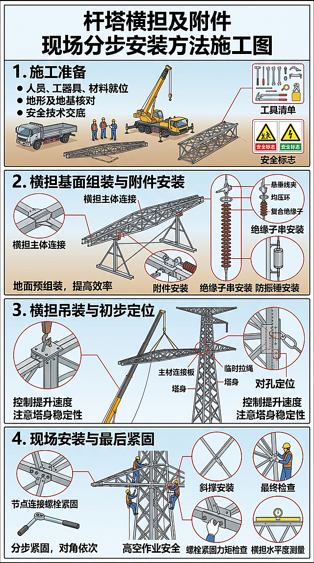 杆塔横担及附件的现场分步安装方法施工图，标注安装步骤