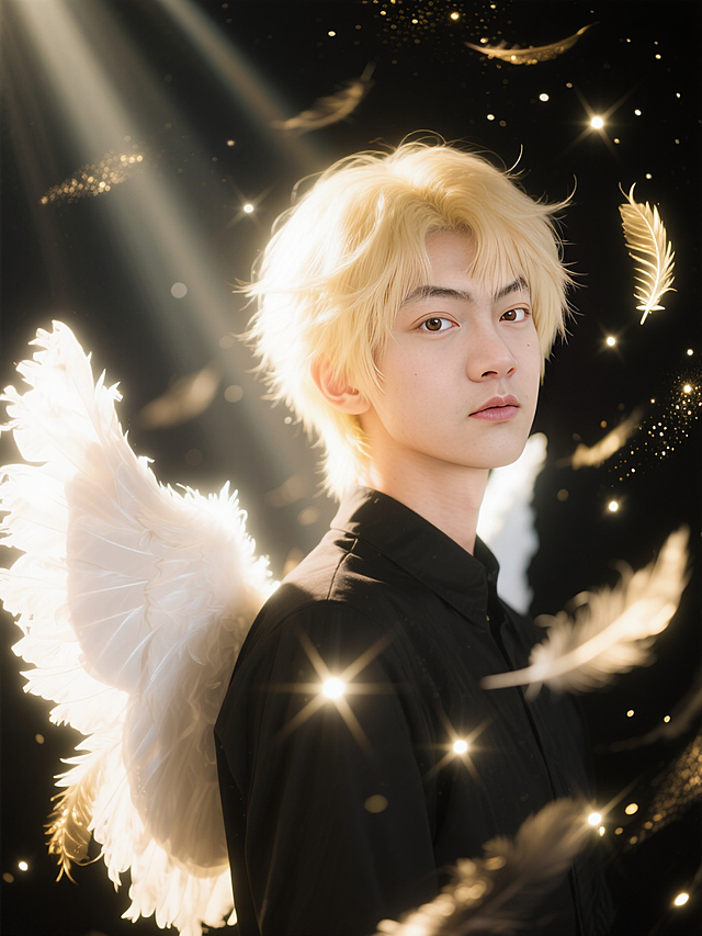 特写镜头，唯美精致的天使少年（奶油肌，金色的头发，黑色穿搭，发着光），环绕无数动态模糊的黑金调发光羽毛，大光圈虚化的暗调背景