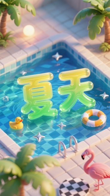 鸟瞰角度，透明绿黄绿色渐变膨胀充气，透明塑料字“夏天”漂浮在泳池内，" SUMMER DAY 2025 ”小字装饰，小鸭子、游泳圈、椰子树、火烈鸟，小银色棋盘格星星、蓝色泳池水背景，夏日傍晚氛围预览效果