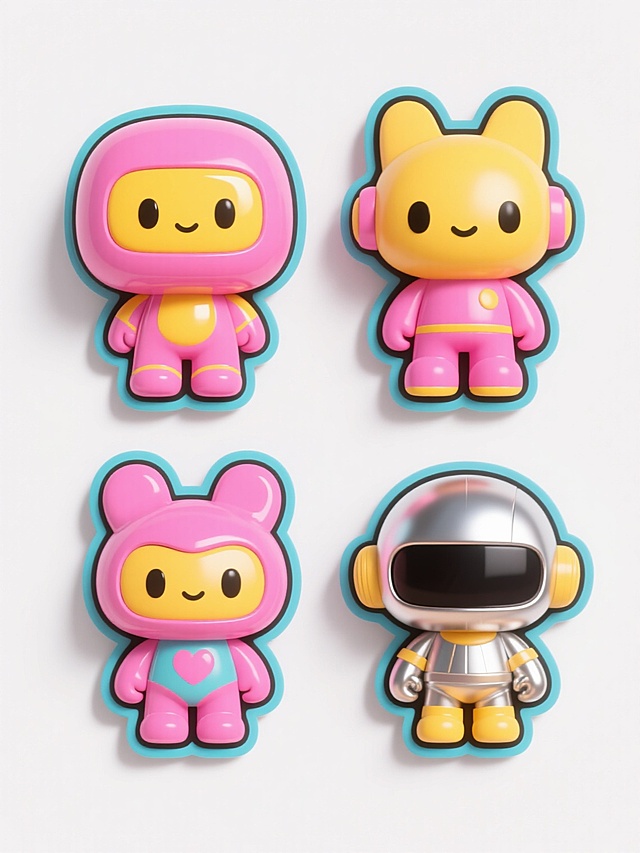 一组4个不同配色、不同样式、不同材质的潮玩元素，采用漫画波普艺术风格，整体干净简洁，符合现实逻辑，适用于素材使用。每个潮玩元素都有鲜明的轮廓线条，色彩高饱和且对比强烈，如粉色、黄色等明亮色调，表面可能带有光滑塑料、磨砂质感或金属光泽等不同材质表现，元素形态富有卡通趣味感，布局均衡，视觉层级清晰，背景为纯白色，无其他多余装饰，确保信息传达高效直接。
