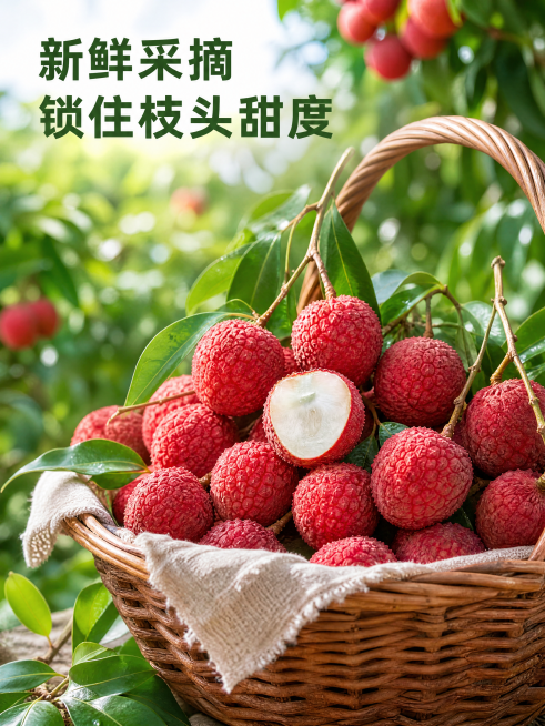 [主图] 新鲜采摘锁住枝头甜度卖点。[氛围风格] 新鲜采摘，源头锁鲜。[画质] 果园采摘场景摄影，高清自然。[元素] 果篮里放着刚摘下的无核荔枝，带枝叶，一颗切开，保持荔枝外形颜色和参考图一致，自然新预览效果