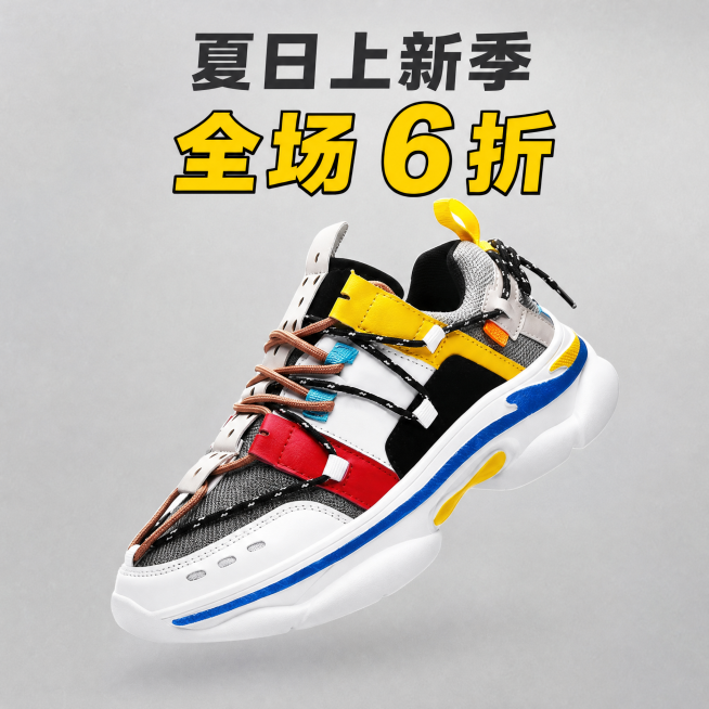 [主图-1] 拼色厚底老爹鞋上新促销首图
[氛围风格] 潮流运动活力风，年轻时尚
[画质] 商业摄影质感、光线柔和通透、产品清晰真实、画面干净高级
[元素] 保持这款拼色老爹鞋的外观（物理结构、材质质预览效果