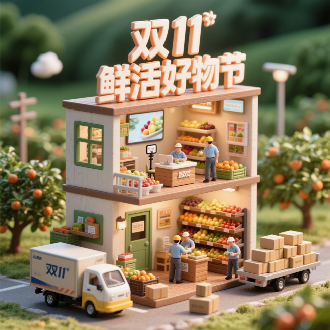 微缩场景，顶部是标题“双 11 鲜活好物节”艺术立体的字。场景为二层，第一层直播带货场景，第二层水果货架场景。门外是工人在果园劳作、快递小车和包裹装车，整体风格精致细腻，具有卖货狂欢氛围，生成竖版1:预览效果