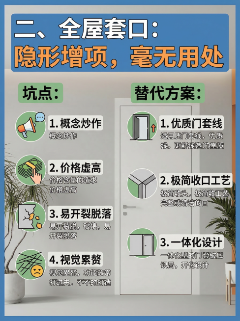 装修避坑海报，标题"二、全屋套口：隐形增项，毫无用处"，内容列出坑点：概念炒作、价格虚高、易开裂脱落、视觉累赘，给出替代方案：优质门套线、极简收口工艺、一体化设计，现代简约设计，家居背景预览效果