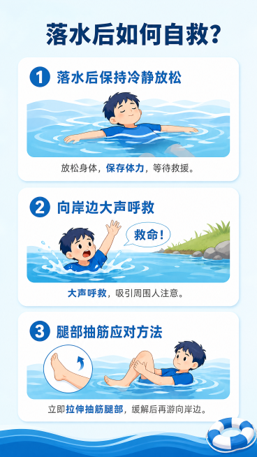 [第3屏] 防溺水自救知识科普页，图文结合知识讲解
[氛围/风格] 专业实用科普风格，保持整体蓝色主题配色统一，信息清晰有条理
[元素布局] 顶部标题，下方三行纵向排列自救要点，每个要点配对应示意图：预览效果