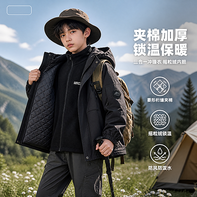 [单张主图] 儿童夹棉加厚冲锋衣外套（三合一可拆卸摇粒绒内胆），高级户外编辑风爆款主图，核心突出夹棉保暖与摇粒绒内胆的保暖效果，模特保持与产品图一致的亚洲少年男童外观不改变，只复刻参考图的展示风格与保暖卖点表达逻辑。

[参考比对] 参考图为城市街景中男童拉开外套展示内里夹棉结构的穿搭展示风格，采用正面站姿、手拉开衣门襟露出内里夹棉层的方式呈现保暖结构，色调为冷调自然光，人物居中偏下，画面干净突出服装结构。本次生成保留「拉开外套展示内里夹棉+摇粒绒内胆」的保暖展示方式与冷调自然光质感，差异化：场景从城市街道改为山野户外露营场景，构图从居中站桩改为侧身微转的动态站姿，道具从无改为搭配登山杖与背包，整体更具户外功能感与保暖氛围。

[画面主体] 画面主体为一位10-12岁亚洲少年男童，五官发型与产品图image1中的男童保持一致，不改变模特脸型五官与发型。男童身穿藏黑色连帽冲锋衣外套，外套外层为防风防水的哑光冲锋衣面料，版型挺括有工装口袋设计；男童用右手拉开外套左侧门襟，清晰露出内里的菱形格纹夹棉层（与image3夹棉纹理一致），夹棉层饱满蓬松，缝线工整呈现绗缝菱形格；同时在内层搭配黑色立领摇粒绒内胆（与image2款式一致），摇粒绒面料柔软蓬松，立领设计，胸口有小型白色字母标识。男童下装搭配深灰色工装休闲裤，肩背卡其色户外登山背包，左手自然下垂握住一根黑色登山杖，身体微侧站立，头部转向镜头，表情沉稳有少年感。服装整体呈现厚实保暖的视觉效果，夹棉层的蓬松感与摇粒绒的柔软质感清晰可见，突出冬季户外保暖属性。

[构图版式] 采用「单模特大场景 + 右侧卖点信息栏」版式。模特位于画面左侧至中部，占画面约60%-65%，人物头部不顶边，脚部留少量地面空间。画面右侧留约30%负空间，竖向排列主标题与3个机能卖点图标，不加厚重色块底，文字直接排版于场景虚化背景上，符合高级户外编辑风。整体构图左实右虚，层次分明，主体清晰。

[场景元素] 背景为山野户外露营场景，远处是层叠的青绿色山脉，天空为淡蓝色带少量白色云朵，中景有深绿色松树与草坡，右下角露出一角卡其色露营帐篷边缘，地面是长满白色小野花的绿色草地。背景做适度虚化处理，突出人物主体，营造清新自然的户外山野氛围。光线为上午柔和自然光，从左前方照射，在服装褶皱处形成自然明暗关系，体现面料质感与夹棉蓬松度。

[文案版式] 右侧信息区竖向排版，文字均为白色粗黑体，带轻微深色投影以保证在亮背景上的可读性。最上方主标题：「夹棉加厚 锁温保暖」，字号最大，分两行排列。主标题下方副标题：「三合一冲锋衣 摇粒绒内胆」，字号约为主标题的50%。再下方排列3个圆形线稿图标+短句卖点，从上至下依次为：「菱形绗缝夹棉」「摇粒绒锁温」「防风防泼水」。图标为简约白色线条风格，每个图标配一行小字说明，整体信息层级清晰，不遮挡人物主体。左上角安全区放置小型品牌标识位，预留空白不做具体logo。

[光影质感] 商业儿童户外摄影质感，主光为左侧45度柔和自然光，辅光从右侧补光减弱阴影反差，整体光线明亮通透。服装面料光影层次丰富：外层冲锋衣呈现哑光防风面料的微光泽，夹棉层呈现饱满蓬松的绗缝立体感，摇粒绒呈现柔软细密的绒面质感。人物皮肤自然通透，发丝有轻微逆光轮廓光。背景远山有空气透视感，近景草地有真实纹理。整体色调偏冷调青蓝，符合户外功能服饰的专业感。

[配色字体] 主色调：藏黑色（服装）、青绿色（山景）、天蓝色（天空）、卡其色（背包帐篷）。强调色：白色（文字）。字体：中文粗黑体无衬线，主标题字重最粗，副标题中等字重，卖点说明常规字重，整体字体风格统一现代，符合淘宝天猫专业品质感定位。

[比例分辨率] 图片比例1:1，2K分辨率，文字清晰可辨，产品细节清晰。

[负向提示词] 人物面部扭曲变形 五官不对称 手部畸形 多手指 手指融合 服装穿模 夹棉纹理错误 摇粒绒质感失真 文字错字 糊字 水印 平台logo 背景杂乱 主体模糊 悬浮感 人物断头 头部顶边 色彩过饱和 廉价感 站姿僵硬不自然