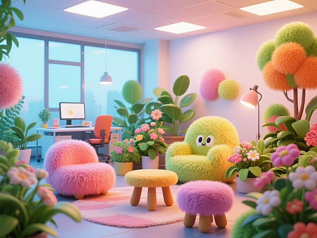梦幻感软3D风格办公室，毛茸茸家具与虚拟自然融合，卡通化植物生长，营造可爱温馨氛围。