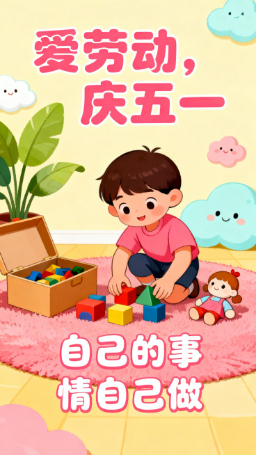 五一劳动节亲子教育海报，主题《爱劳动，庆五一》，明亮活泼配色，儿童插画风格，展示小朋友整理玩具做家务的场景，搭配标语“自己的事情自己做”，竖向海报预览效果