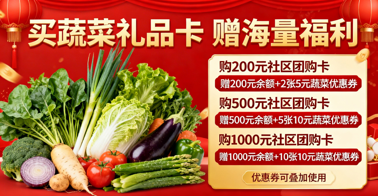 设计一张线上商城购买蔬菜礼品卡送余额和优惠券的轮播banner，活动福利具体是购200元社区团购卡：赠200元余额+2张5元社区团购蔬菜素材优惠券，购500元社区团购卡：赠500元余额+5张10元社区预览效果