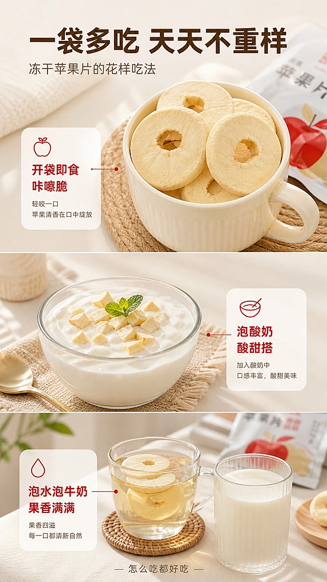 使用图一的马克杯装冻干苹果片实拍作为主素材，制作一张9:16竖版高级食品摄影风详情页食用场景页。上段使用图一展示"开袋即食"（马克杯盛冻干片）；中段生成一碗浓稠酸奶上撒着苹果冻干碎块的场景"泡酸奶"；下段生成一杯泡着苹果冻干片的热水和一杯牛奶的场景"泡水泡牛奶"；三段用细线分隔，背景暖米白家居场景，柔和自然光。套系策略：风格=高级食品摄影风；标题字=现代无衬线粗体；正文字=简洁无衬线体；主色=暖米白；背景延展=米白至浅燕麦色渐变；强调色=苹果红，仅用于标签和引线；标题色=深炭棕；正文色=暖灰棕；组件=细线分隔、圆角浅底信息卡、极简icon；光影=柔和自然光。文字横向排版：主标题"一袋多吃 天天不重样"，副标题"冻干苹果片的花样吃法"，三段各配细线标签："开袋即食 咔嚓脆""泡酸奶 酸甜搭""泡水泡牛奶 果香满满"，底部小字"怎么吃都好吃"。排版干净高级、手机端可读，不遮挡食物主体。图片9:16竖版，2K分辨率，避免错字、文字过小、冷蓝背景、食物变形、杂乱堆叠。