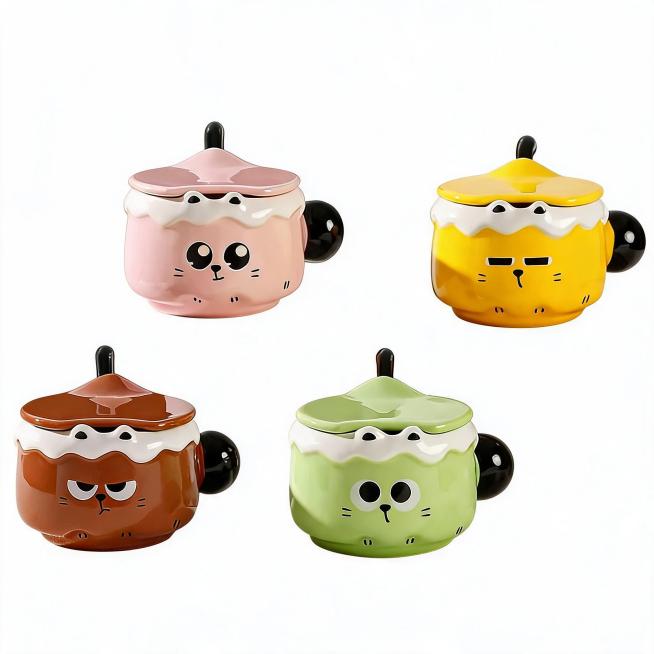 [主图-1] Taza de cerámica con dibujo de gato lindo y tapa. Mantenga la apariencia (estructura física,预览效果