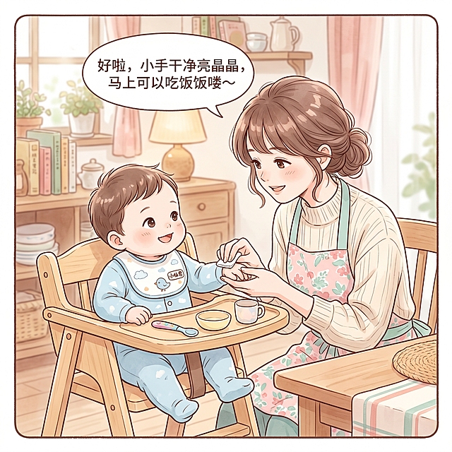 漫画风格，6-10个月大的小孩小仙君在饭前准备，第四个场景：妈妈用酒精棉给小仙君再清洁小手，妈妈和小仙君都穿现代装扮，整体柔和清新可爱，温馨居家环境