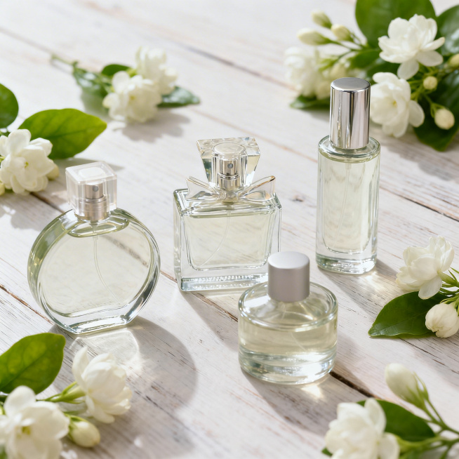 电商主图，2-4个不同造型的玻璃香水瓶错落组合摆放在浅色原木桌面上，点缀新鲜白色茉莉花朵，柔和自然光，清新花香调风格，画面无文字，突出香水瓶主体，正方形构图。预览效果