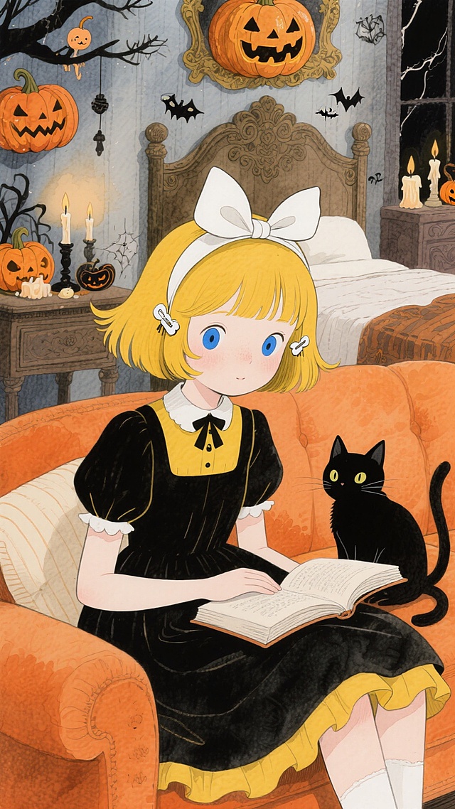 插画风与动漫风融合，复古温馨的万圣节卧室中，金发女孩与黑猫共读故事书，南瓜灯与烛光营造梦幻感，充满童话般的可爱与哥特式神秘。