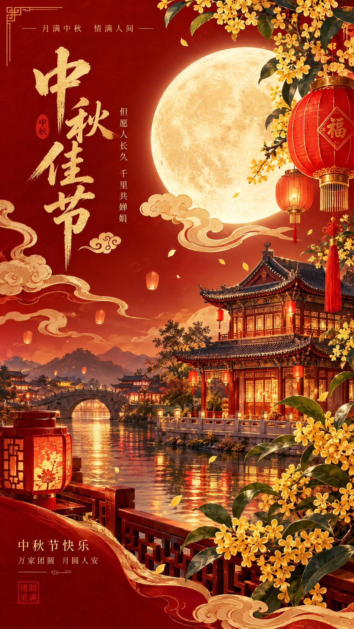节日海报设计，圆月、灯笼、祥云、桂花、古建筑，红金色调，中国风… - 图片创意预览