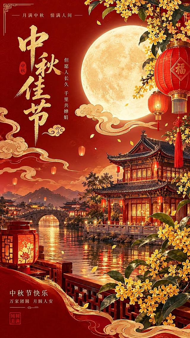 节日海报设计，圆月、灯笼、祥云、桂花、古建筑，红金色调，中国风，喜庆氛围，竖版构图，精美排版