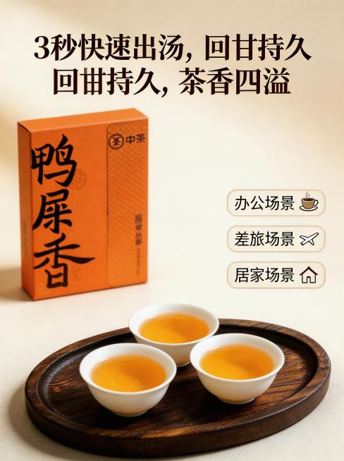 抖音电商简约高级风格茶叶详情页第7张：冲泡效果页，展示冲泡后的金黄茶汤，三个白瓷茶杯放在木质托盘上，旁边放产品小盒，文案「3秒快速出汤，回甘持久，茶香四溢」，标注办公、差旅、居家多场景适配预览效果