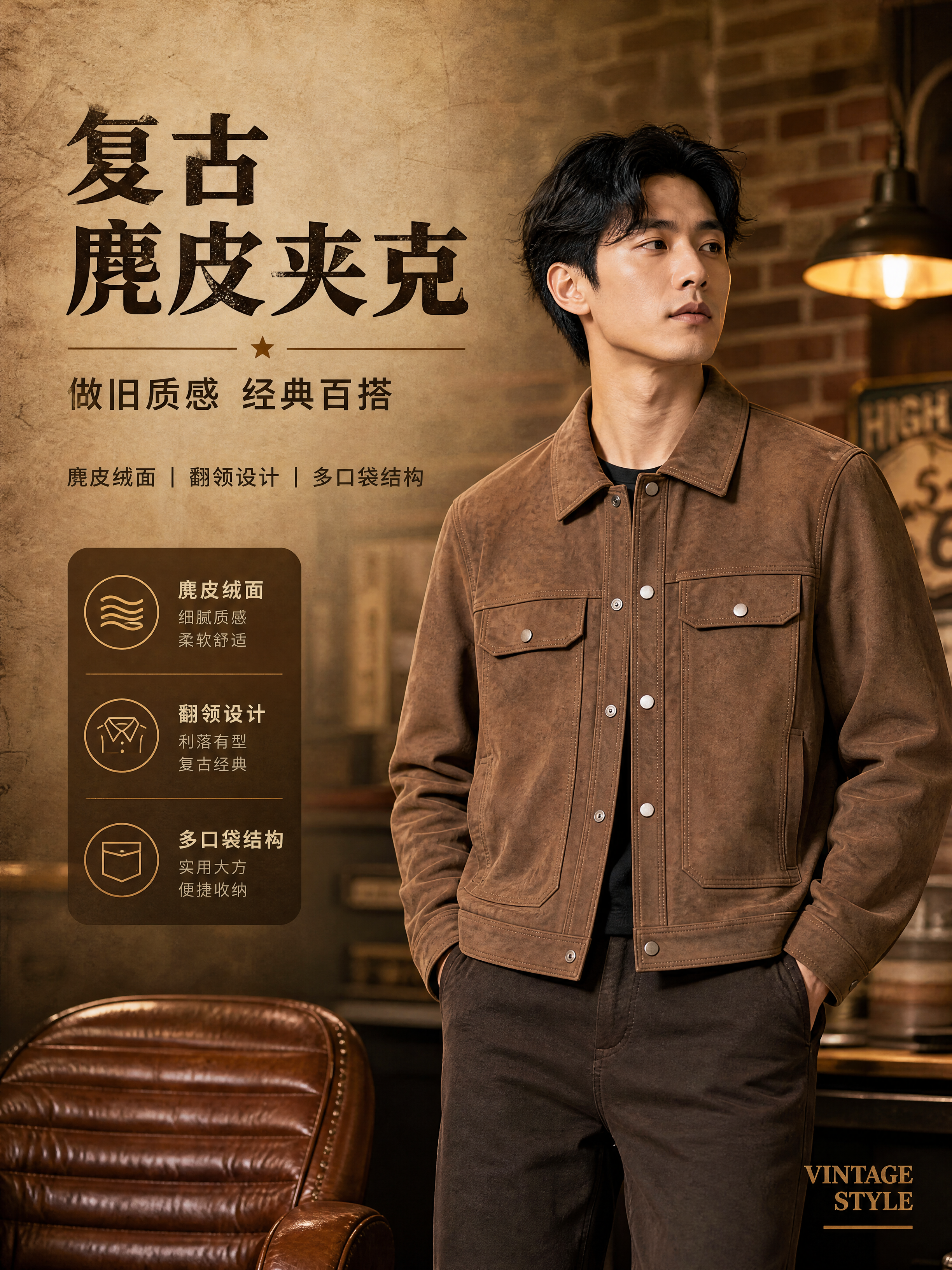 [商品] 使用【图1】棕色做旧麂皮翻领夹克；商品处理：保留翻领… - 图片创意预览