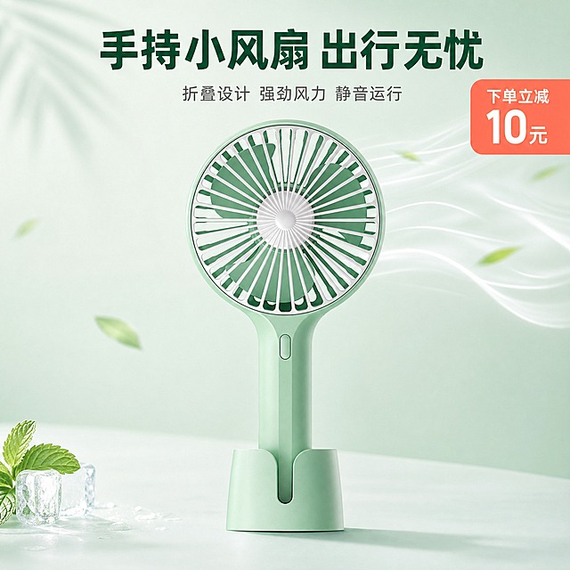 [主图-1] 手持小风扇 商品识别与核心利益首图
[统一基调] 清新夏日风格，薄荷绿主色调搭配白色与浅蓝辅助色，干净通透有清凉感；标题用粗体无衬线中文字，深绿色字，辅助文字用浅灰色，促销强调色用珊瑚橙；圆角卡片、柔和阴影、轻盈图标；整体简约清爽不堆砌。
[画面] 画面中心是完整的薄荷绿手持小风扇，正面朝向观众，带底座立放，产品占画面约65%。背景为柔和的浅薄荷绿渐变，上方有几缕轻盈的白色风线条从扇叶处向外飘散，暗示风力。左上角放简短品牌位留白。右上角用圆角珊瑚橙促销标签写"下单立减10元"。产品下方有柔和接触阴影，自然不悬浮。
[光影质感] 商业产品摄影质感，主光从左上方打来，扇叶和手柄有细腻高光，塑料材质呈现哑光磨砂质感，底座有真实接触阴影，整体干净通透。
[配色] 背景浅薄荷绿渐变，产品薄荷绿+白色网罩，促销标签珊瑚橙，文字深绿色，整体清凉夏日感。
[文字版式] 主标题在画面上方居中，大字写"手持小风扇 出行无忧"；副标题在主标题下方缩小50%，写"折叠设计 强劲风力 静音运行"；右上角珊瑚橙圆角标签写"下单立减10元"；文字不遮挡产品主体，放在负空间。
[输出要求] 1:1正方形，2048x2048，2K画质，文字清晰可读，产品清晰不变形，无水印无平台Logo，无多余杂物，画面干净清爽。禁止产品变形、色差、模糊、悬浮、穿模。