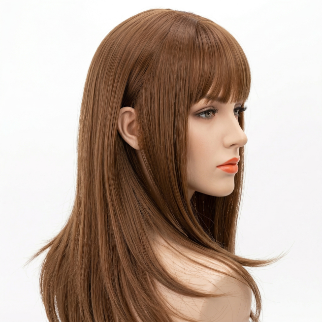 图中的棕色齐刘海中长发女士假发主体特征不变，欧美女性佩戴该假发，8K超清写实风格，电影级顶级质感，纯白背景，和已生成的图角度不同预览效果