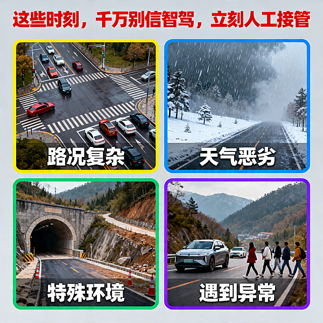 智驾安全提示矩阵组合图，标题：这些时刻，千万别信智驾，立刻人工接管，分四个模块展示：路况复杂、天气恶劣、特殊环境、遇到异常，排版清晰的四格矩阵图，风格醒目警示