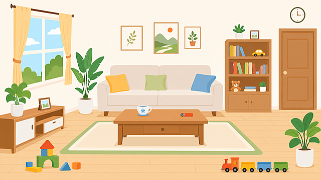 flat vector panoramic living room, 1920×1080, warm home style, children cartoon animation background, clean solid color block, no shadow no texture. Light wood floor, warm white wall, simple fabric sofa, building blocks on the ground, wooden tea table with ceramic teacup and lighter, green potted plant, neat and bright, minimalist lines, soft warm color palette, ultra clean vector, full scene, suitable for safety education animation, high resolution, scalable