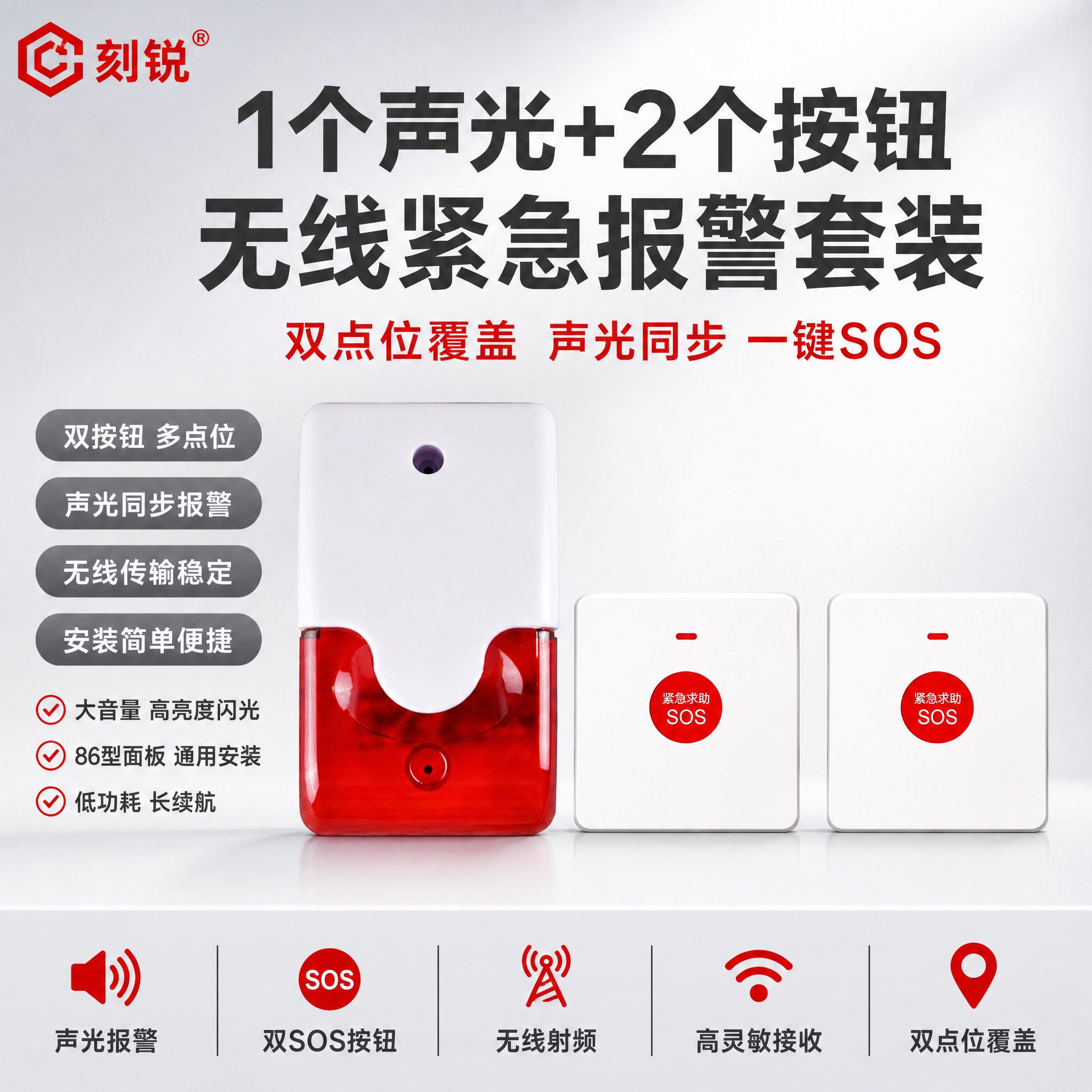 [单张主图] 1个声光+2个按钮（无线声光报警器+双SOS紧急… - 图片创意预览