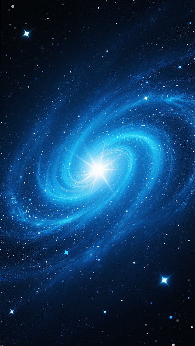 深邃神秘的宇宙背景，以深蓝色漩涡状星系为视觉中心，螺旋臂呈现明亮的青蓝色渐变光芒，中心散发耀眼的白色星光，周围点缀着无数细碎的白色及淡蓝色星辰，整体配色简洁干净，采用深色背景突出天体的层次感与梦幻氛围，呈现出宁静而壮阔的星空景象。