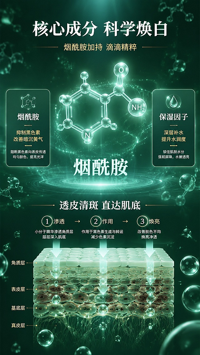 [第3屏] 核心成分机理解析-恒琰堂水光肌精华液烟酰胺成分专屏。本屏为成分机理专屏，不使用产品垫图。
[氛围/风格] 科研实验室风格，高级成分解析感，分子结构3D渲染，专业可信，内容丰富层次多。
[元素布局] 画面中央偏上是大型3D烟酰胺分子结构模型，占画面约40%，分子球体发光半透明，周围环绕电子光点；分子下方有「烟酰胺」大号字体标注；左侧是成分1号卡片：「烟酰胺 抑制黑色素转运」配分子小图标；右侧是成分2号卡片：「保湿精粹 提升水润度」配水滴小图标；底部是「透皮吸收 直达肌底」机理示意，皮肤层剖面图+精华渗透箭头；背景为深薄荷绿渐变，漂浮大量小分子、气泡、光点元素；画面丰富不空洞。
[光影质感] 分子结构自发光效果，周围有柔和光晕，顶部柔光打亮成分卡片，整体科技感通透，明暗层次丰富。
[配色色系] 全局底色#2A6B5E到#1A4A3F深薄荷绿渐变；主色薄荷绿发光分子；辅助色白色文字、金色高亮、浅绿卡片底色。
[视角构图] 中心放射式构图，分子结构为视觉焦点，阅读动线中央分子→左右成分卡片→底部机理示意。
[文字版式] 顶部大标题「核心成分 科学焕白」白色超大粗体，副标题「烟酰胺加持 滴滴精粹」金色小字；左侧成分卡标题「烟酰胺」+说明「抑制黑色素 改善暗沉黄气」；右侧成分卡标题「保湿因子」+说明「深层补水 提升水润度」；底部机理区标题「透皮清斑 直达肌底」+3步小标：「渗透」「作用」「焕亮」；所有文字清晰可读，字号适中。
[比例分辨率] 9:16竖版比例，4K分辨率，文字清晰可辨，高清画质。
[负向提示词] 产品瓶身出现，水印，文字错乱，医疗术语，绝对化用语，背景杂乱，分子模糊
