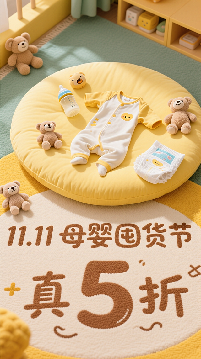 俯视视角聚焦浅黄柔软垫，上散放婴儿连体衣、硅胶奶瓶、卡通纸尿裤、毛绒玩具（小尺寸）。底部地毯上印着浅棕艺术字 “11.11 母婴囤货节”，手写风 “真 5 折” 在下方，“5” 大字突出。配色黄 + 棕，柔和温暖，契合母婴品类。