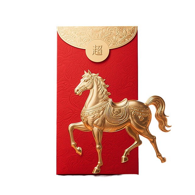 生成一个红包封面，红色背景，烫金马，采用3d浮雕工艺。9:16，正视图