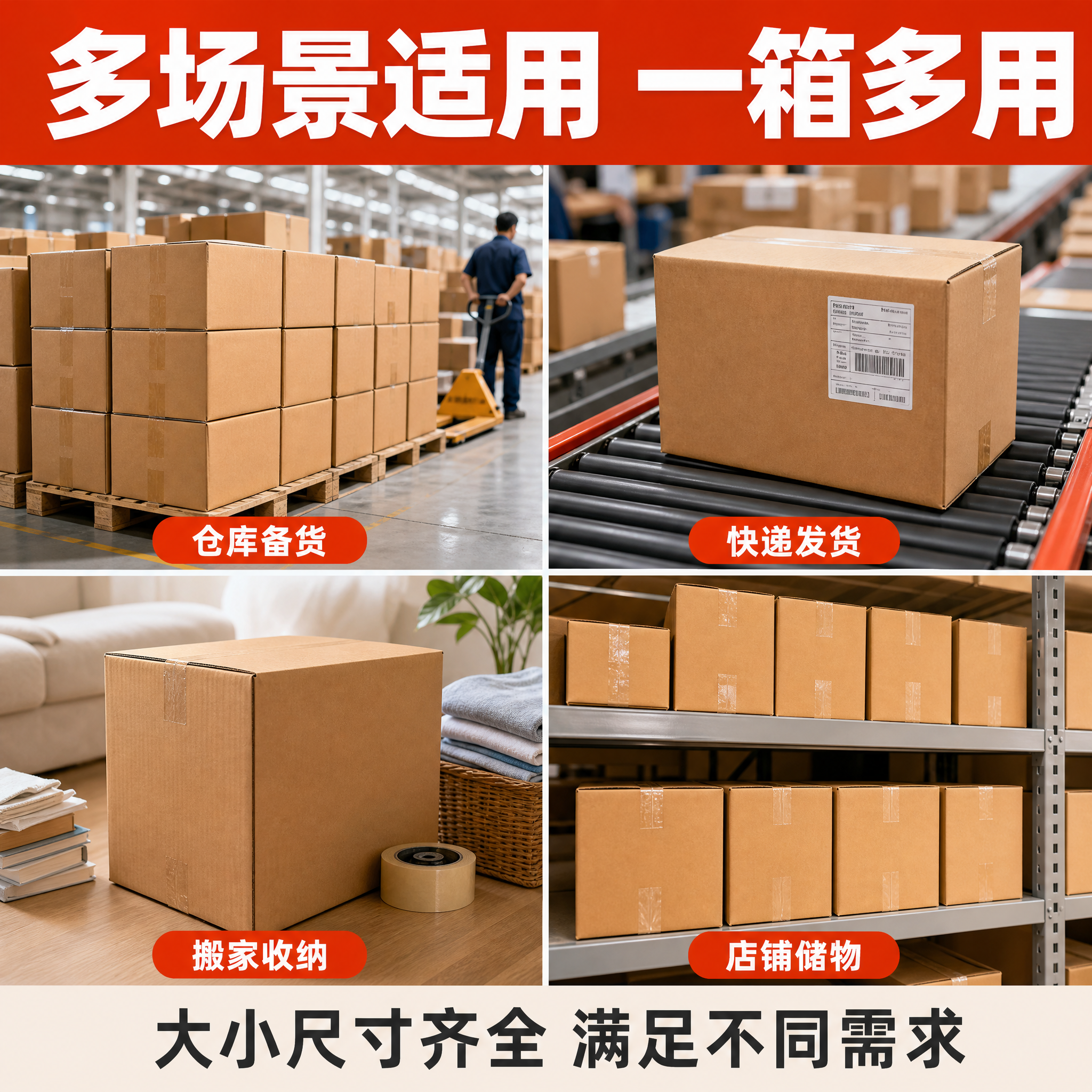 [主图-4] 特硬加厚瓦楞纸箱 多场景使用展示 拼多多风格。… - 图片创意预览