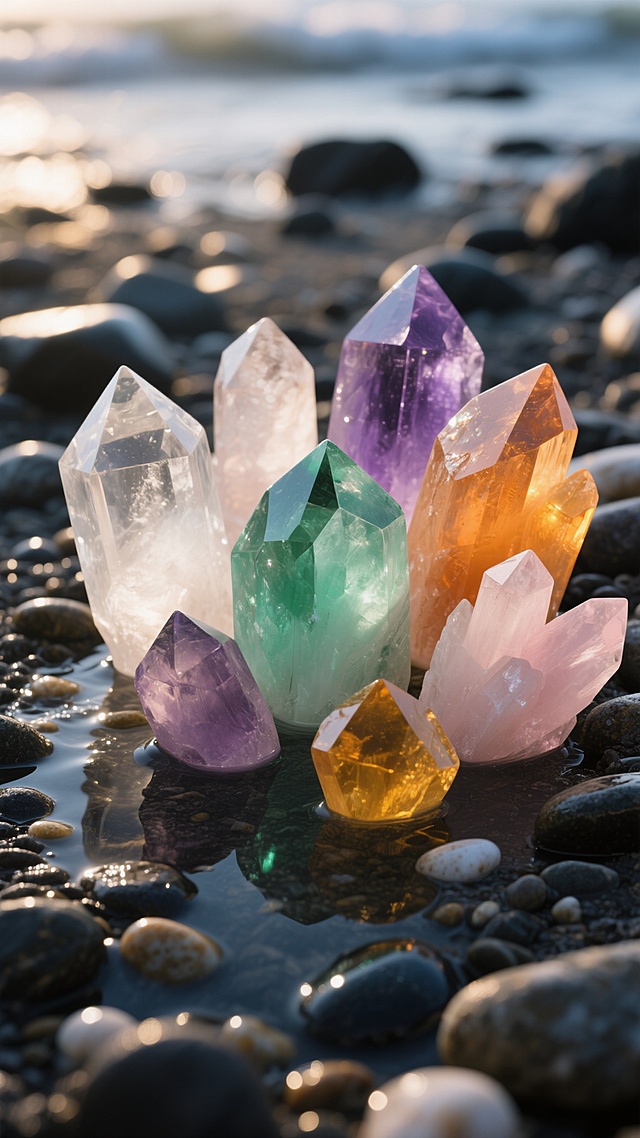 一组造型各异、棱角分明的多色水晶簇，包含透明无色、淡紫、翠绿、橙黄、浅粉等多种色彩，晶体表面光滑且折射出璀璨光芒，部分水晶半浸在湿润的深色鹅卵石滩上，周围散落着小颗圆润石子，采用温暖柔和的侧逆光照明，形成清晰的明暗对比和柔和的光晕效果，整体呈现出高度写实的质感与细腻的光影细节，营造出宁静而神秘的自然氛围。