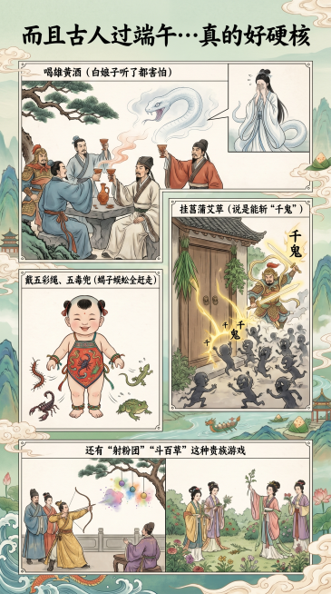 端午节主题海报，画面正上方大标题文字"而且古人过端午…真的好硬核"，下方分四个区域区分介绍四个端午习俗，每个区域有对应习俗图片，区域间用明确分界线分开，四个习俗文字介绍：1.喝雄黄酒（白娘子听了都害怕预览效果