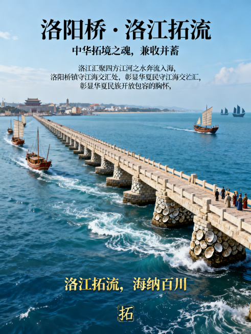 中国风古风海报，主体是洛阳桥稳稳横跨洛江入海口，筏形基础扎根江海交汇处，桥墩牡蛎纹理清晰，流水波浪平缓沿对角线汇入大海，背景是辽阔大海，远处有古港口和扬帆帆船，海天相接视野开阔，桥转角隐刻篆字"拓"，预览效果