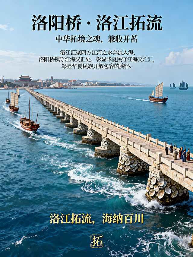 中国风古风海报，主体是洛阳桥稳稳横跨洛江入海口，筏形基础扎根江海交汇处，桥墩牡蛎纹理清晰，流水波浪平缓沿对角线汇入大海，背景是辽阔大海，远处有古港口和扬帆帆船，海天相接视野开阔，桥转角隐刻篆字"拓"，数艘远洋古船沿对角线向左上反向延伸呼应流水走向，海面远处有远洋商船和外交使节乘船剪影，主文案"洛阳桥 · 洛江拓流"，副标题"中华拓境之魂，兼收并蓄"，正文"洛江汇聚四方江河之水奔流入海，洛阳桥镇守江海交汇处，彰显华夏民族开放包容的胸怀，融合中外多元文化，成为远途文明交流的重要桥梁"，金句"洛江拓流，海纳百川"，整体沧海蓝主色调，气势磅礴画面开阔，国风氛围感