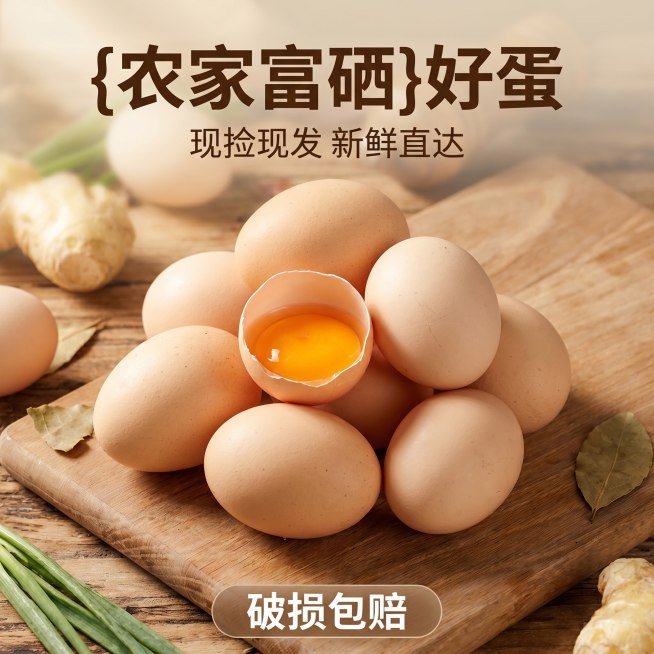 [主图 1] 农家富硒鸡蛋产品首图；[氛围风格] 自然原生态农家新鲜氛围感，真实食欲感；[画质] 商业摄影质感，光线柔和通透，产品清晰真实，画面干净高级；[元素] 保持农家富硒鸡蛋外观、大小、颜色、质预览效果