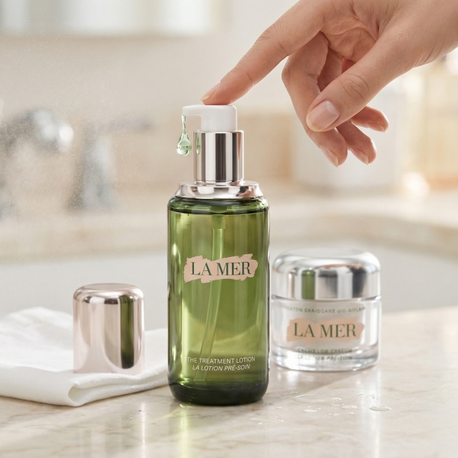 严格还原参考产品图，海蓝之谜焕肤水保留墨绿色瓶身、白色品牌LOGO、金属瓶盖，产品外观必须与参考图完全一致，不得改变包装设计、配色方案或品牌元素，瓶身材质必须呈现玻璃的高光与厚重感。超高清商业摄影。画预览效果