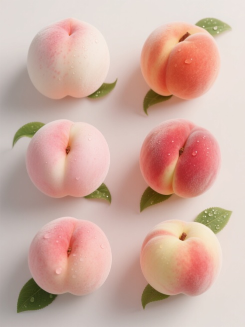 超写实风格的桃子造型设计，6个不同配色（如粉白渐变、橙红、淡粉、蜜桃粉、胭脂红、浅黄带红晕）的饱满水蜜桃，每个桃子都具有细腻的绒毛质感、自然的果点、光滑的果皮光泽和清晰的果脐，搭配几片带有水珠的翠绿桃叶，以两行三列整齐排列在浅色背景上，整体光影柔和，色彩鲜明，突出桃子的新鲜水润和立体感，构图简洁平衡，视觉层次清晰。预览效果