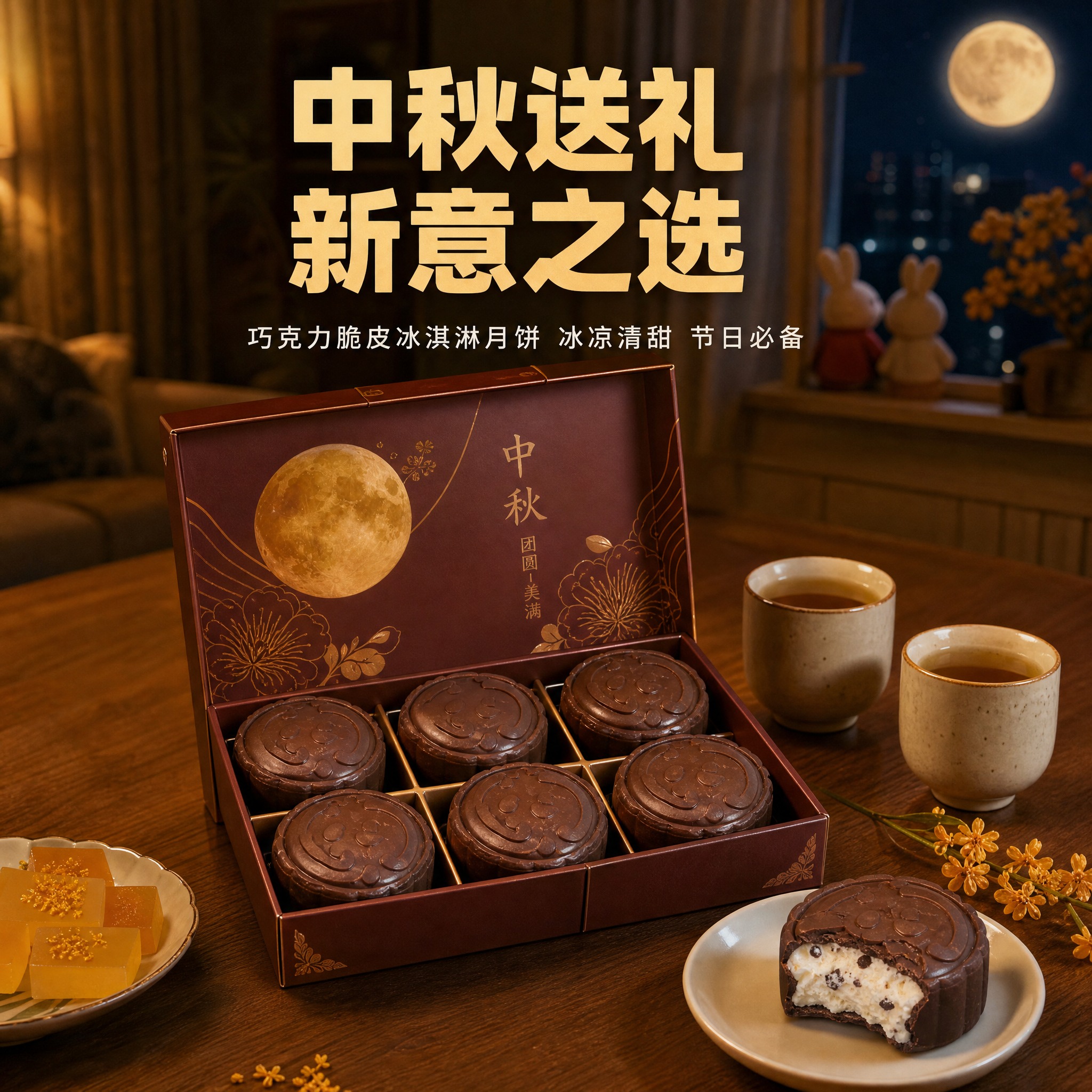 [主图-4] 中秋场景 家庭分享冰淇淋月饼的温馨生活场景 [统… - 图片创意预览