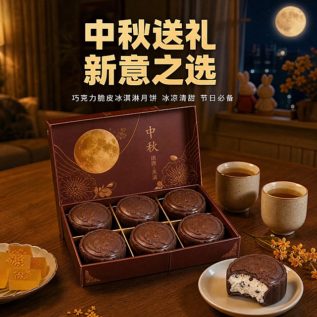 [主图-4] 中秋场景 家庭分享冰淇淋月饼的温馨生活场景
[统一基调] 国内电商食品主图 暖调高级质感 自然真实摄影风 无PS痕迹 中秋节日氛围 深棕巧克力色为主色 暖金月色为点缀色 米白为辅助色 主标题用粗厚黑体 副标题用细黑体 整体干净有食欲
[画面] 中秋夜晚的家庭餐桌场景 暖黄色的吊灯洒下柔和的光 木质圆桌上摆放着一盒打开的冰淇淋月饼礼盒 礼盒是深红色配金色花纹的中秋风格包装 里面整齐排列着6个巧克力脆皮冰淇淋月饼 每个月饼表面都有精致的中秋压花 旁边的白色小碟子上放着一个被咬了一口的月饼 露出冰淇淋内馅 桌上还有两杯热茶 一小碟桂花糕 以及几枝桂花枝条作为装饰 背景是虚化的客厅 可以看到窗户外面有一轮明亮的圆月 窗台上放着两个小兔子摆件 整体营造中秋佳节家人团聚分享美食的温馨氛围 产品礼盒占画面约50% 视角为略微俯视的45度角
[光影质感] 暖黄色室内灯光为主光源 柔和均匀 窗外月光作为辅助冷光 形成冷暖对比 巧克力表面有温暖的灯光反射 礼盒包装有精致的烫金光泽 整体光影温馨自然 有生活气息
[配色] 暖黄色灯光为主色调 深红色礼盒 深棕色月饼 木色桌面 背景深蓝夜空配黄色圆月 整体暖调温馨有节日感
[文字版式] 画面上方居中主标题 中秋送礼 新意之选 字体粗黑体 暖金色 主标题下方小字 巧克力脆皮冰淇淋月饼 冰凉清甜 节日必备 字体为细黑体 白色 文字放在画面上方负空间 不遮挡产品
[输出要求] 1:1正方形 2048x2048 2K分辨率 场景自然真实 产品清晰 生活感强 禁止出现蜜雪冰城logo 禁止出现任何品牌水印 禁止出现人物面部 禁止变形 禁止模糊 禁止PS痕迹过重