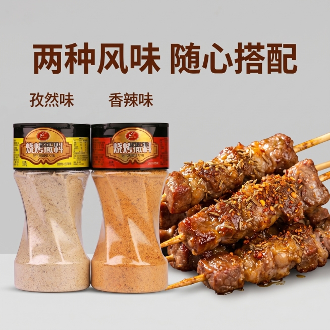 [主图 2] 产品与使用场景特写，展示两款烧烤撒料和烤制好的肉串，突出核心风味。[氛围风格] 真实食材展示，浓郁食欲感。[画质] 商业美食摄影质感，超高清晰度，产品细节清晰真实，画面干净高级。[元素]预览效果