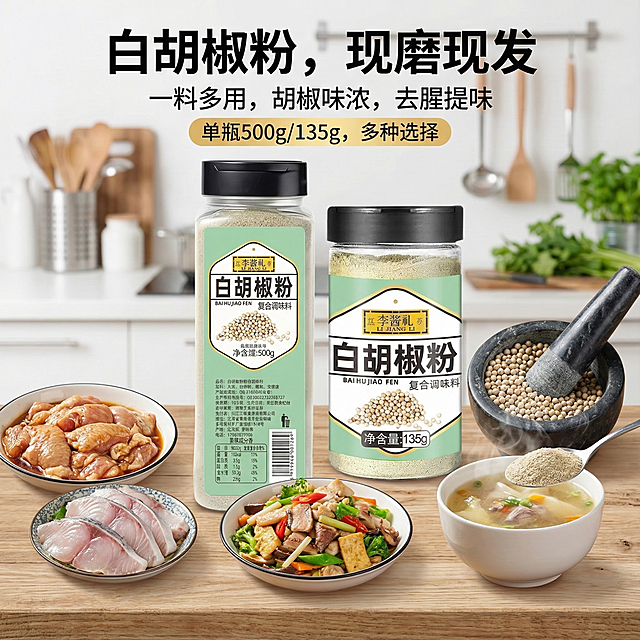 图片中这款产品是白胡椒粉调味料，我在拼多多卖这款产品，请帮我设计20张以我提供这款产品为主体相关的主图。
主图中文案要求：白胡椒粉，现磨现发，烹饪美食，一料多用，胡椒味浓，去腥提味，单瓶500g/135g，两种规格，多种选择，家用商用均可，真实材料精细研磨，烹饪美食轻松做，适合多种菜系提味，粉质细腻，提味增香 激发食材本味，去腥去腻 ，辛辣芬香。这些文案配合主图
