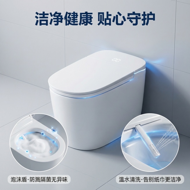 [主图 3] 智能马桶健康洁净功能展示
[氛围/风格] 现代简约卫浴风格，干净通透，科技氛围感
[画面元素] 保持原U-101白色智能马桶主体不变，放置在干净卫生间背景，画面主体展示马桶，叠加两个画中预览效果