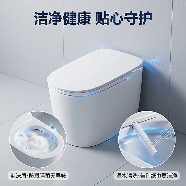 [主图 3] 智能马桶健康洁净功能展示
[氛围/风格] 现代简约卫浴风格，干净通透，科技氛围感
[画面元素] 保持原U-101白色智能马桶主体不变，放置在干净卫生间背景，画面主体展示马桶，叠加两个画中画特写：一个为泡沫盾防溅效果特写，一个为温水冲洗喷嘴细节，细节保持和产品一致，光影和整体场景统一
[配色色系] 主色调：白色产品，浅灰色背景，蓝色功能点缀，整体干净清新
[视角构图] 主体产品占据画面中部，两个圆角画中画分别放置在左下角和右下角，构图平衡不拥挤
[文字版式] 顶部主标题 "洁净健康 贴心守护"，深蓝色粗体；每个画中画对应标注卖点："泡沫盾·防溅隔菌无异味"、"温水清洗·告别纸巾更洁净"，深色文字配浅色背景，清晰易读，不遮挡主体产品
[比例分辨率] 1:1 比例，2k 分辨率
保持产品外观和结构和参考图完全一致，只优化排版和功能展示