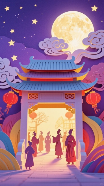 多层纸雕堆叠的中秋灯会入口，入口是纸雕牌坊，牌坊上雕刻祥云与圆月图案，两侧挂着红灯笼纸雕，入口内可见人群纸雕剪影，背景是淡紫纸雕夜空，点缀星星剪纸，充满热闹氛围预览效果