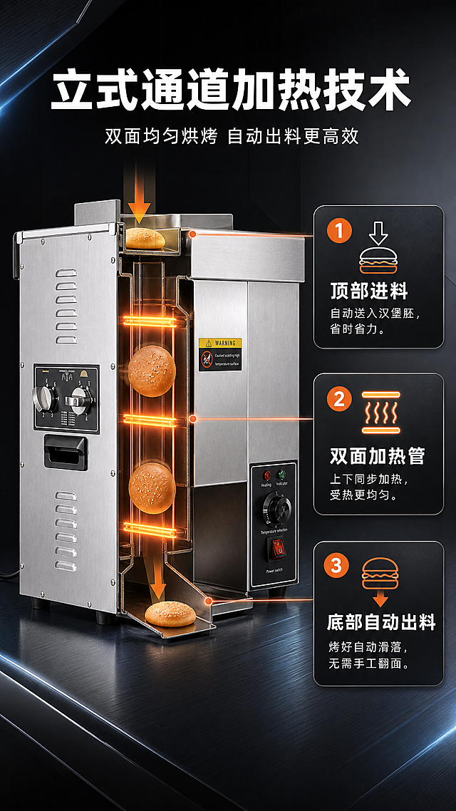 [商品] 使用【图4】立式全自动汉堡机背面白底图；保留产品整体结构、不锈钢机身、背面双旋钮控制面板、黄色WARNING警示标签、出料口、黑色电源线、黑色防滑脚、侧面散热孔；产品图片不做任何改变，仅做背景融合与技术示意叠加。
[画面] 目标：展示立式加热通道+双面烘烤核心技术原理。构图：左侧产品侧视剖面图（保留原图外观，叠加内部加热结构示意线），右侧文案说明。背景：深色科技感背景，带微弱蓝色光效但主色调仍为炭灰。用发光线条和箭头示意汉堡胚从顶部进入、中间双面加热、底部自动出料的完整路径。
[视觉] 套系策略：风格=商用工业风专业商业摄影；标题字=粗黑无衬线黑体；正文字=简洁无衬线中黑体；主色=不锈钢银灰+深炭灰；背景延展=基于深炭灰做深浅层级、金属质感渐变和不锈钢纹理；强调色=暖橙红色，仅用于小面积图标、引线、标签和重点数字高亮，加热管用暖橙色光效示意；标题色=白色；正文色=浅灰色；组件=圆角深色信息卡、发光引线、技术图标+文字组合；光影=侧光突出金属轮廓，加热区域有暖光漫射。
[文字] 顶部主标题"立式通道加热技术"，副标题"双面均匀烘烤 自动出料更高效"。右侧3个技术点：1.「顶部进料」自动送入汉堡胚，省时省力；2.「双面加热管」上下同步加热，受热更均匀；3.「底部自动出料」烤好自动滑落，无需手工翻面。用箭头和引线连接对应部位，文字全部横向排版。
[规格] 图片比例9:16竖版，4K，避免变形、错字、文字过小、产品结构改变、整体冷蓝色调。