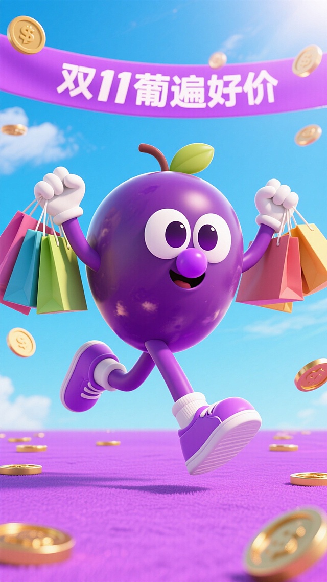 软3D风格的拟人葡萄角色，手持购物袋奔跑，充满卡通感与可爱感，背景金币飞舞，营造双11喜庆促销氛围。