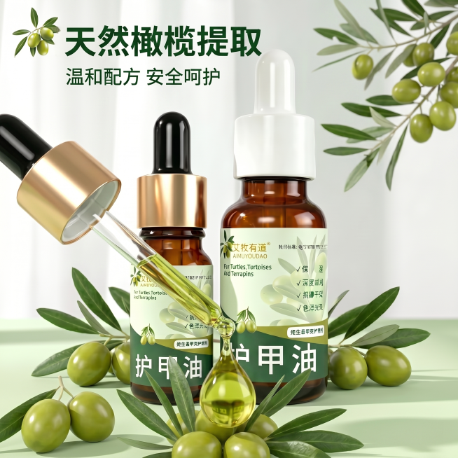 [主图 3] 护甲油天然成分细节展示图。[氛围风格] 真实自然的成分展示专业风。[画质] 商业摄影质感、光线柔和通透、产品清晰真实、画面干净高级。[元素] 前景滴管滴出一滴护甲油精油，油滴通透清亮，后预览效果